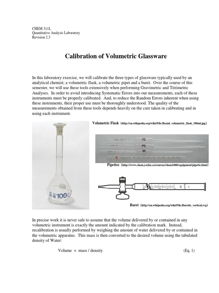 Calibration of Burette and Volumetric Flask PDF Density Thermal