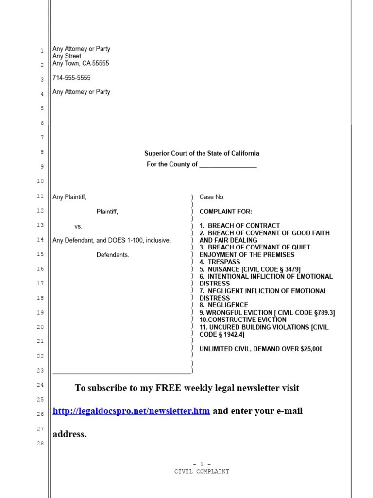 157857716 Sample California Complaint Against Landlord Complaint