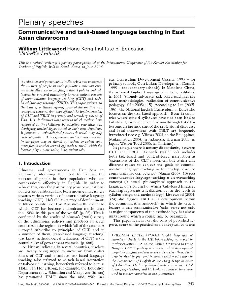 CLT TBLT InEastAsianClassrooms Littlewood 2007 PDF English As A Second Or Foreign Language