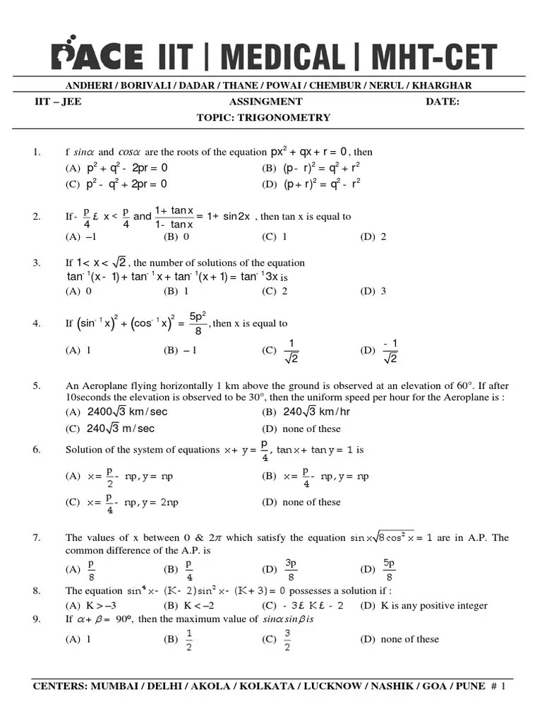 Trigonometry Question Paper Trigonometric Functions Complex