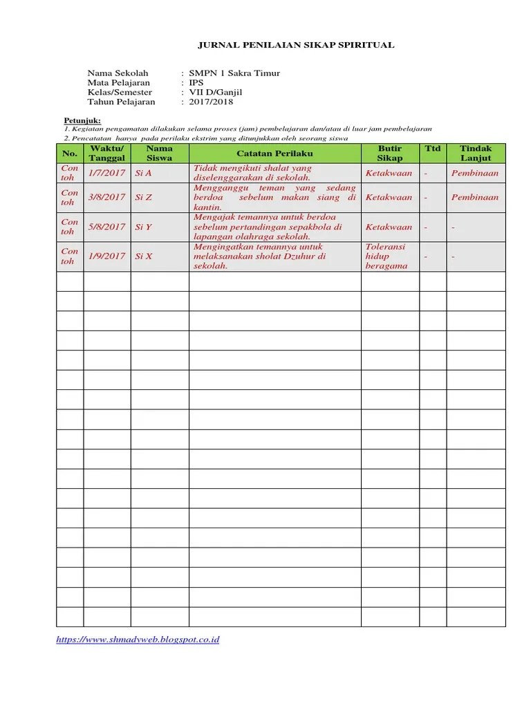 Buku Jurnal Penilaian Sikap Spiritual Dan Sikap Sosial