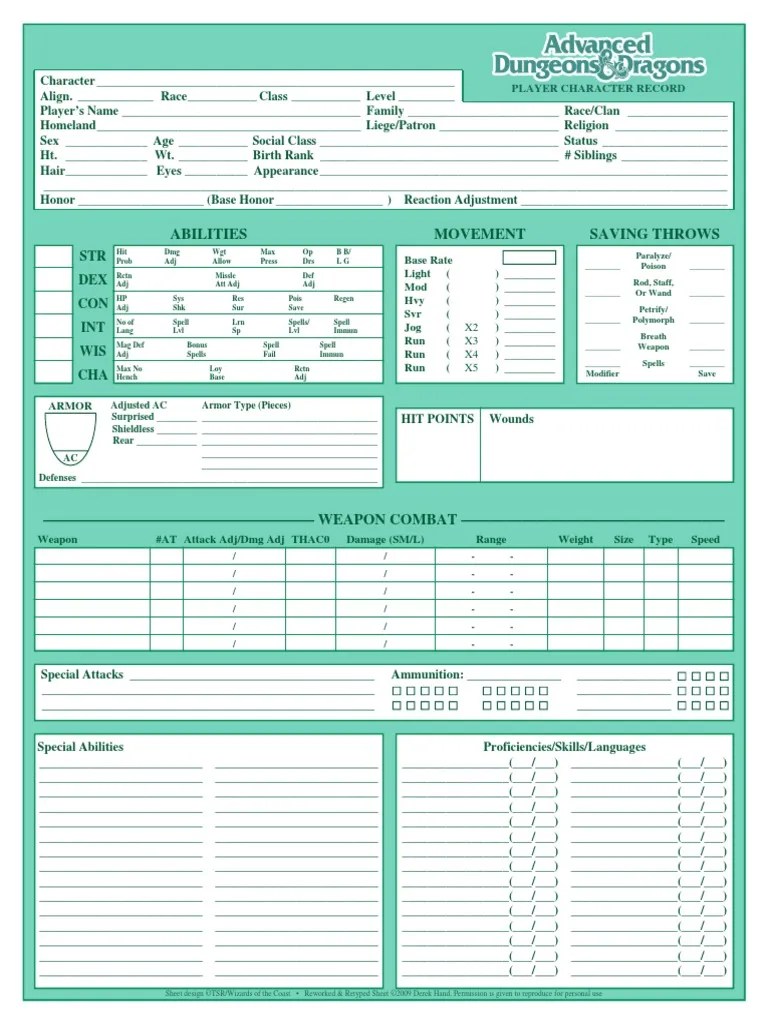 AD&D 2e Character Sheet | PDF | Gaming | Role Playing Games