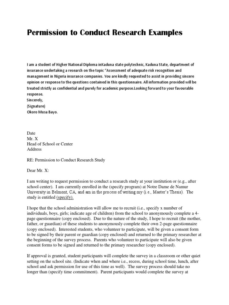 Permission to Conduct Research Examples Questionnaire Survey