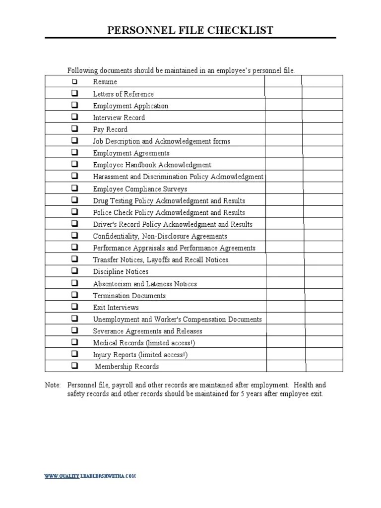 Employee Personeel File Checklist for Filling. (2)