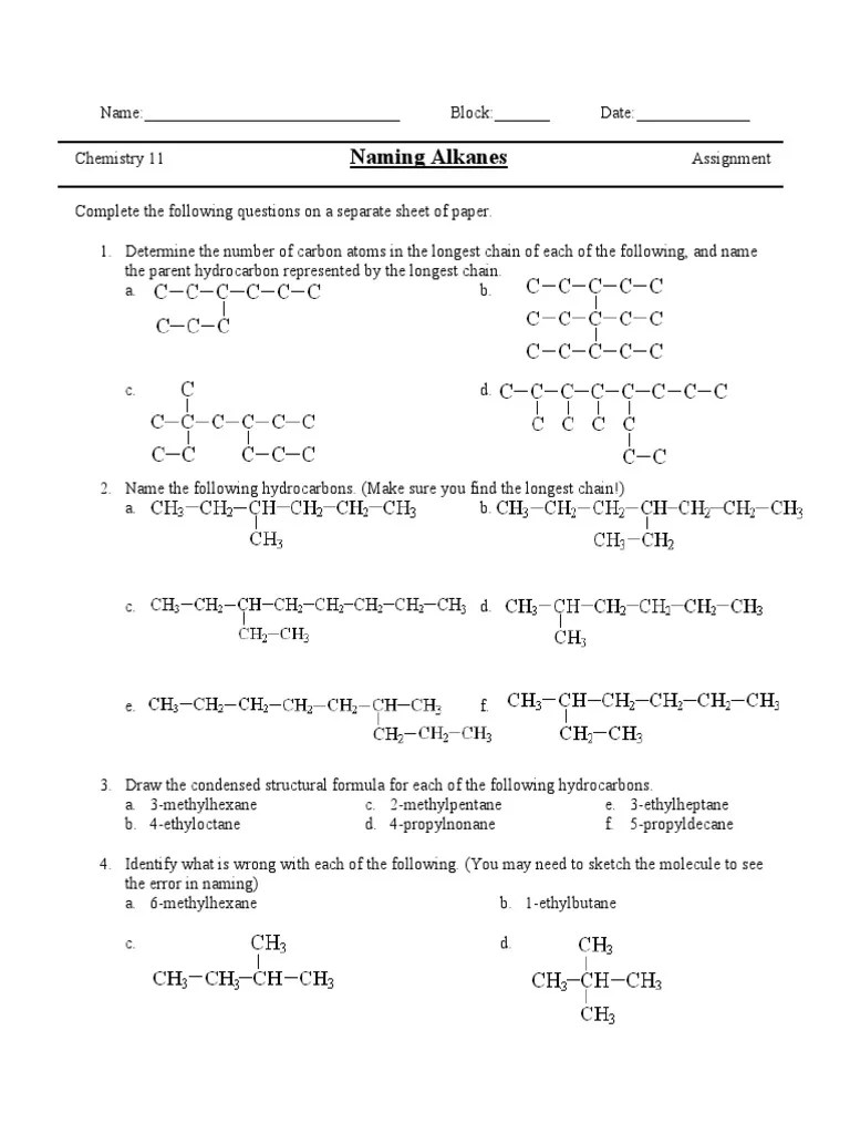 Worksheet - Naming Alkanes