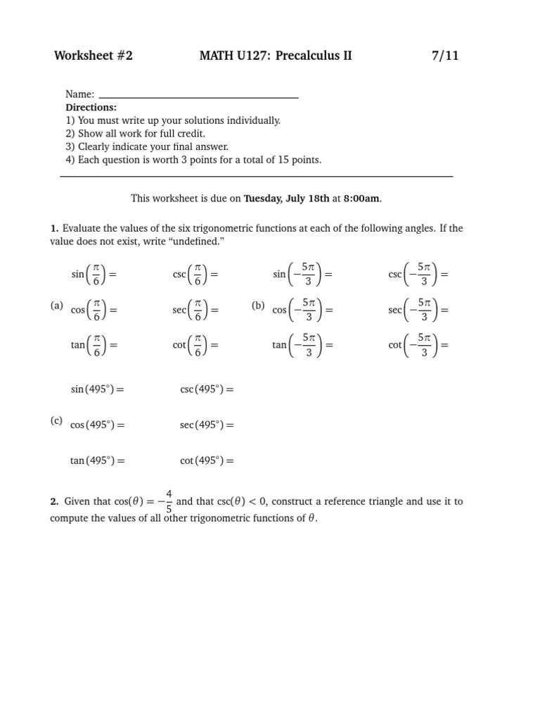 1 Math 127 Worksheet 2 PDF Trigonometric Functions Sine