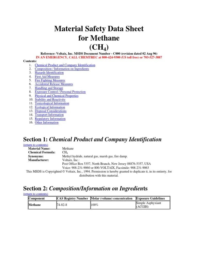 Material Safety Data Sheet for Metane Паспорт Безопасности Метана
