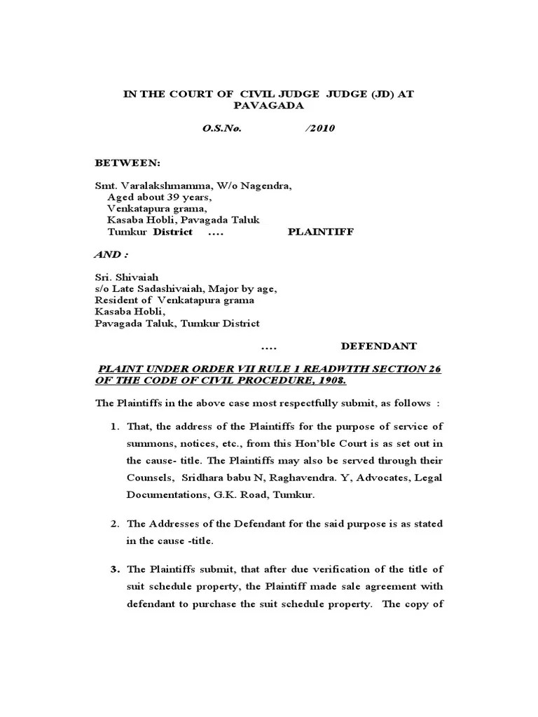 Plaint seeking Specific Performance Suit