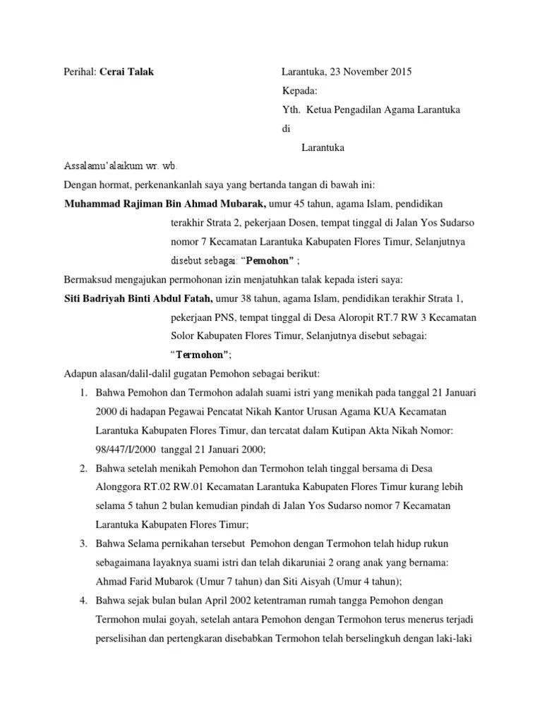Contoh Surat Cerai Talak 1 Contoh Surat Lengkap Gratis 2020
