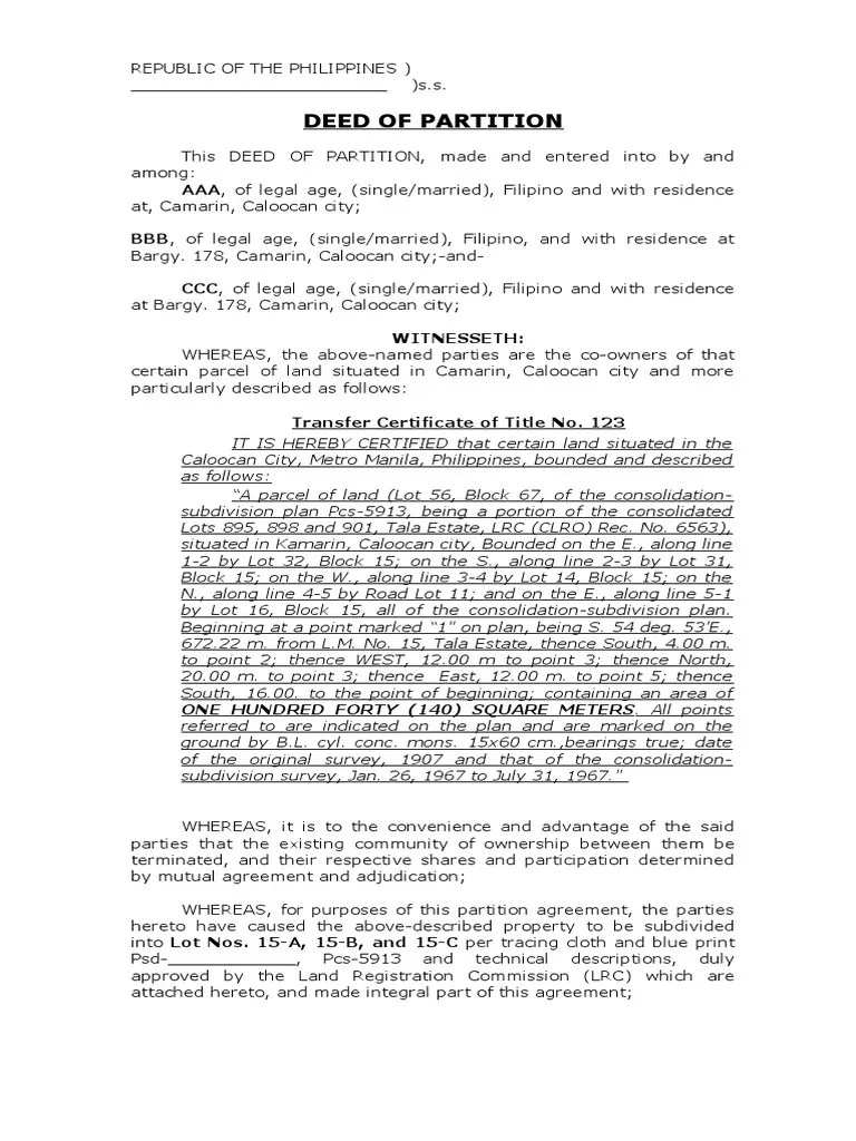 Sample Deed of Partition Land Lot Property Law