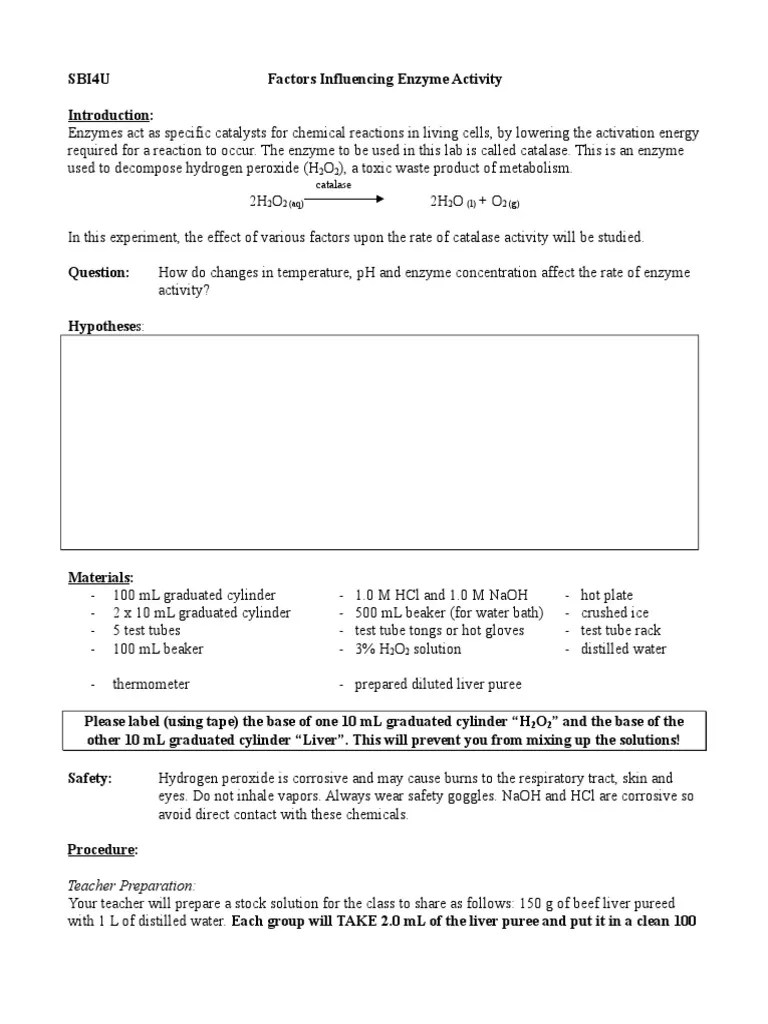Lab Factors Influencing Enzyme Activity (1) Catalase Scientific