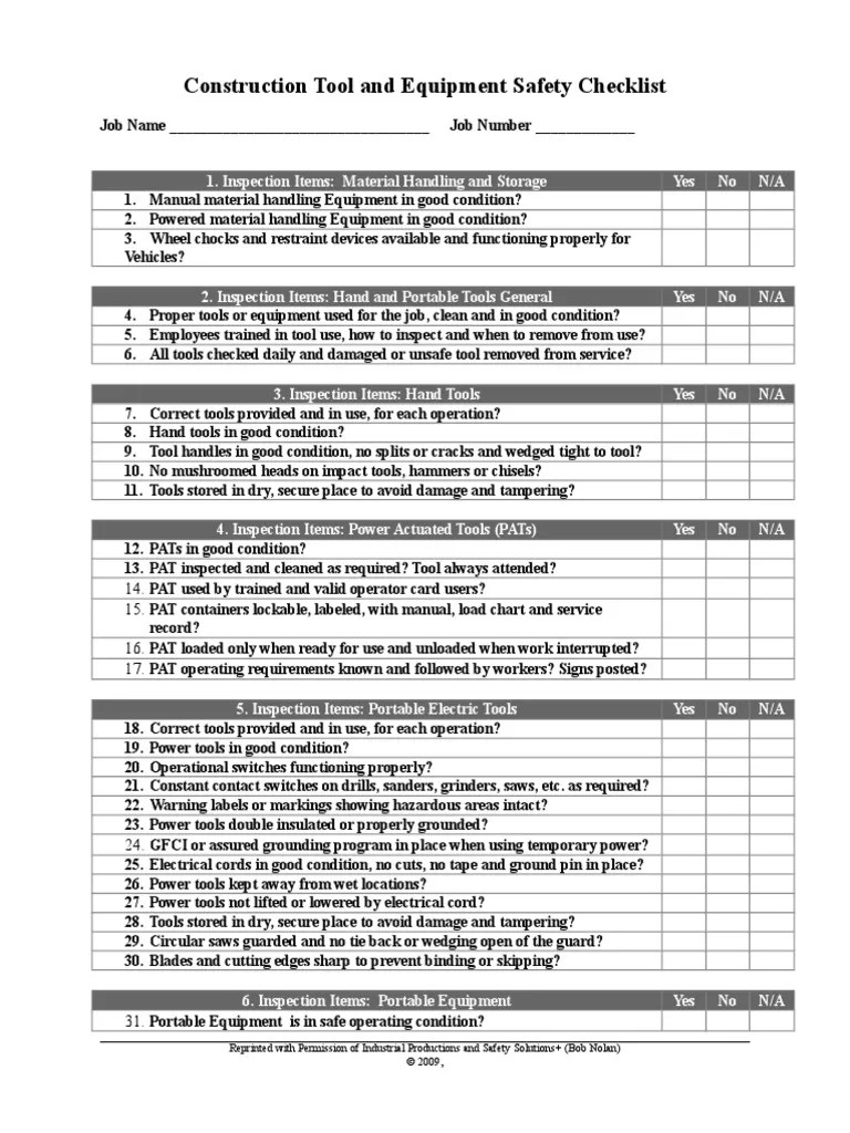 Construction Tool Safety Checklist Rev Personal Protective Equipment