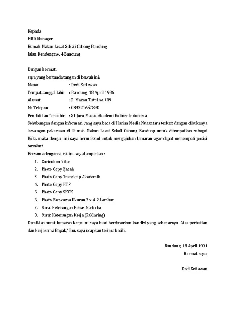 Contoh Surat Lamaran Kerja Bahasa Inggris Untuk Restaurant Mosaicone