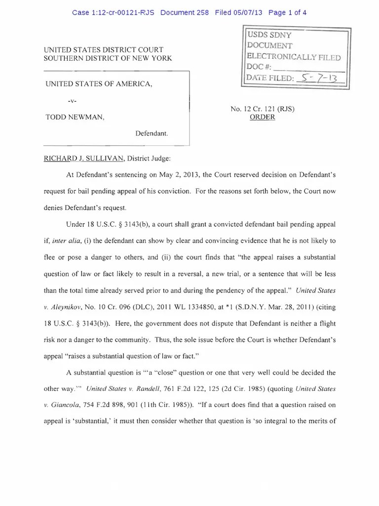Judge Sullivan Deny Bail Pending Appeal Insider Trading Criminal Law
