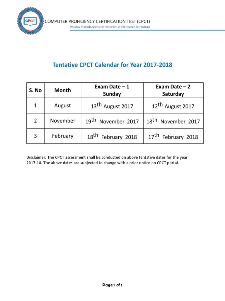 Tentative CPCT Calendar For Year 20172018 S. No Month Exam Date 1 Sunday Exam Date 2