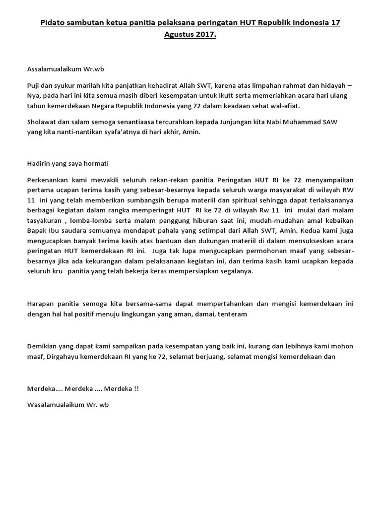 Pidato Sambutan Ketua Panitia Pelaksana Peringatan HUT Republik