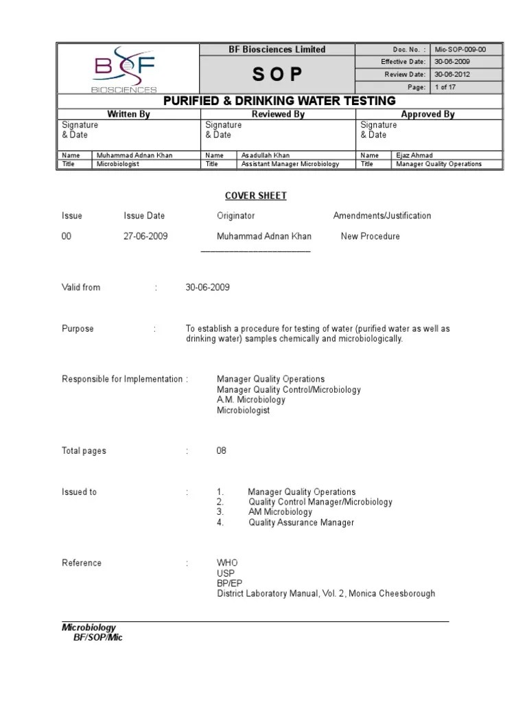 SOP of Water Testing Colony Forming Unit Agar