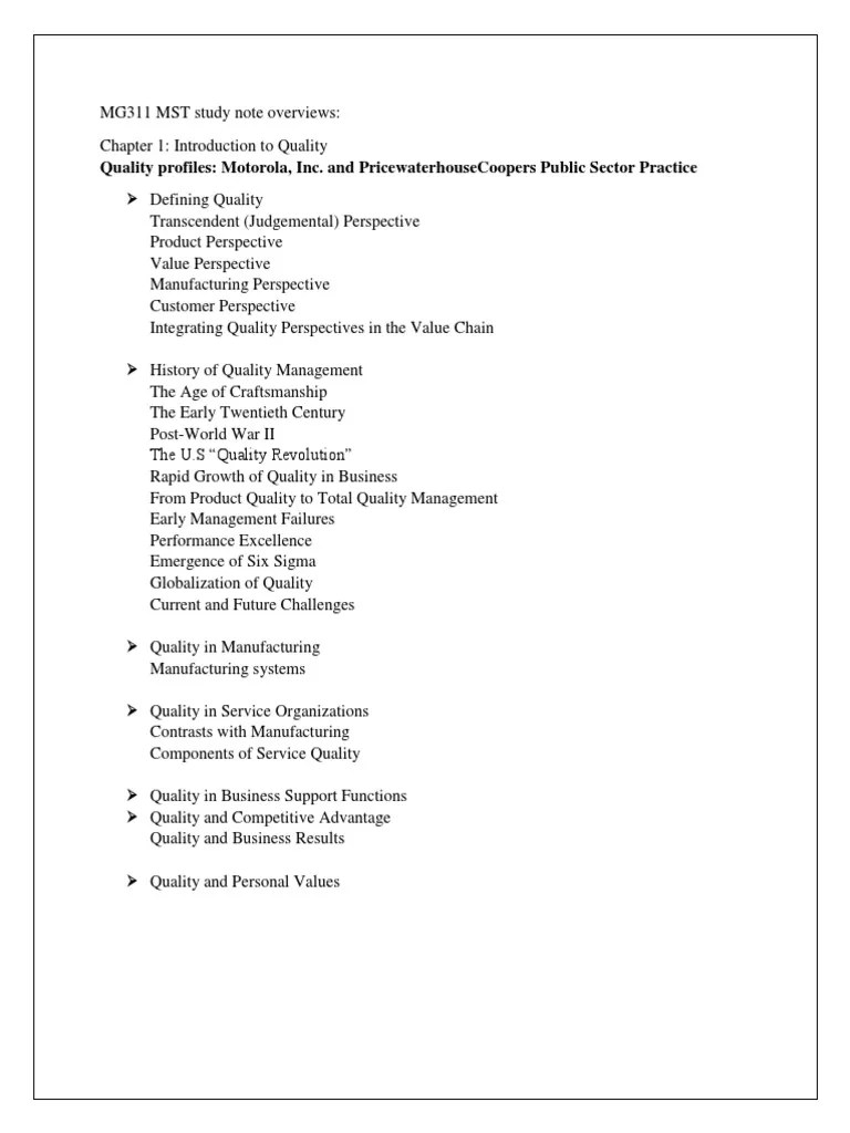 MG311 MST Study Note Overviews Quality Management Production And