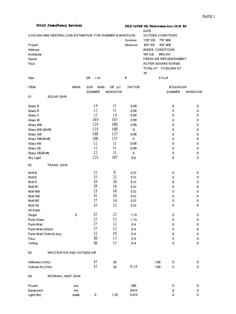 Heat Load Calculation Sheet PDF Hvac Automation