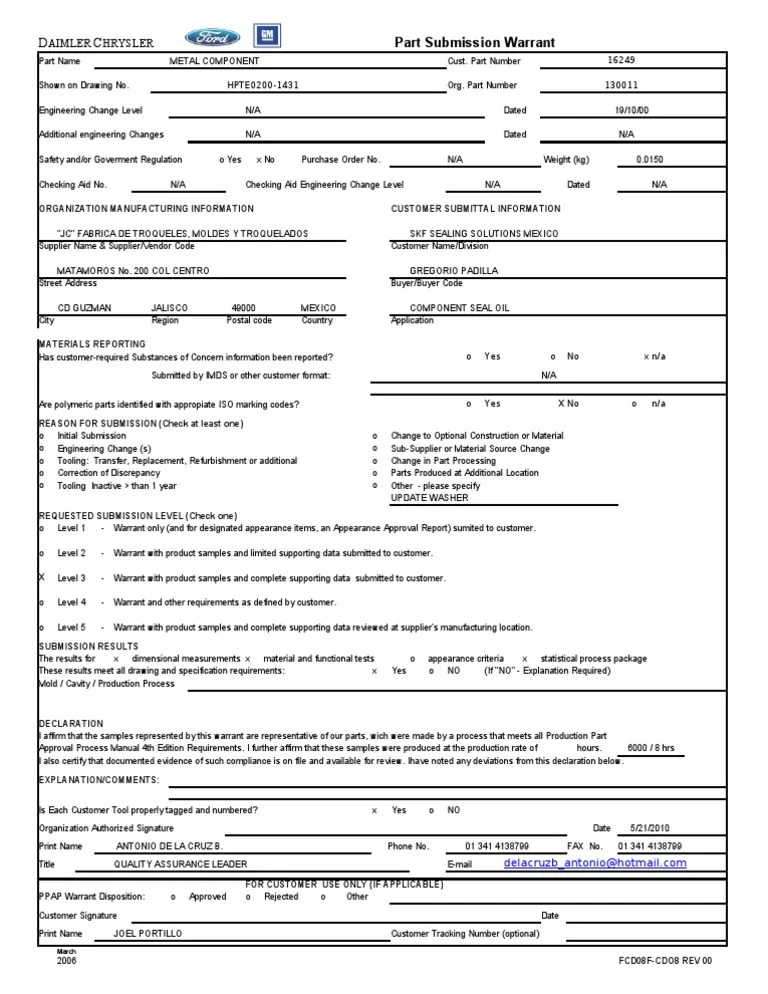 Part Submission Warrant Aimler Hrysler PDF Computing Business