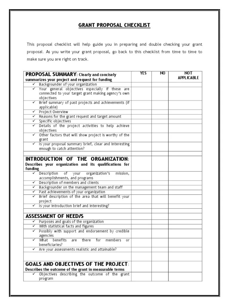 Grant Proposal Checklist Evaluation Business