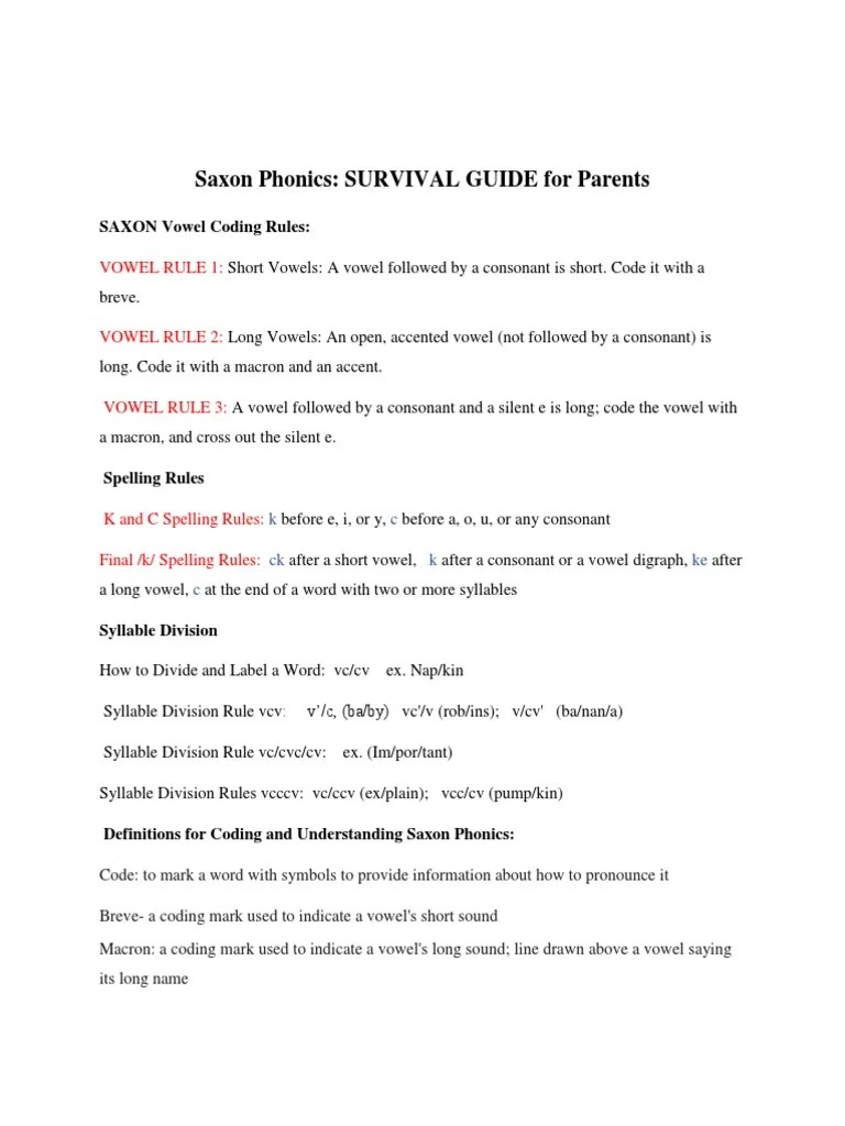 Saxon Phonics SURVIVAL GUIDE For Parents SAXON Vowel Coding Rules PDF