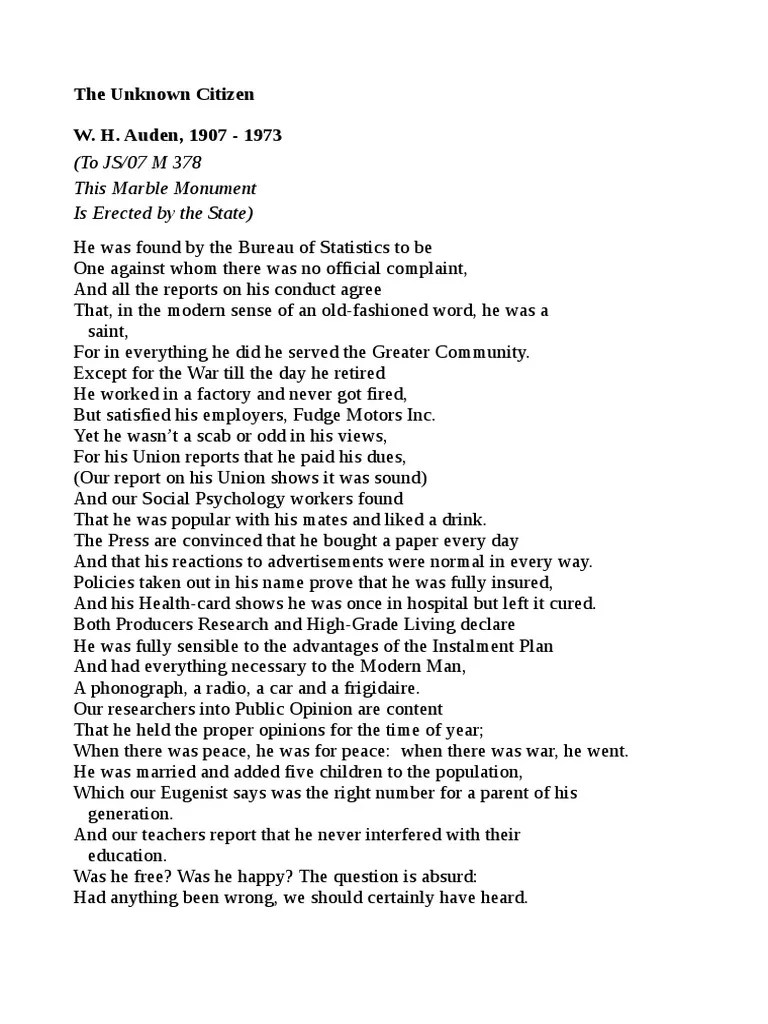 Unknown Citizen Poetry Rhyme
