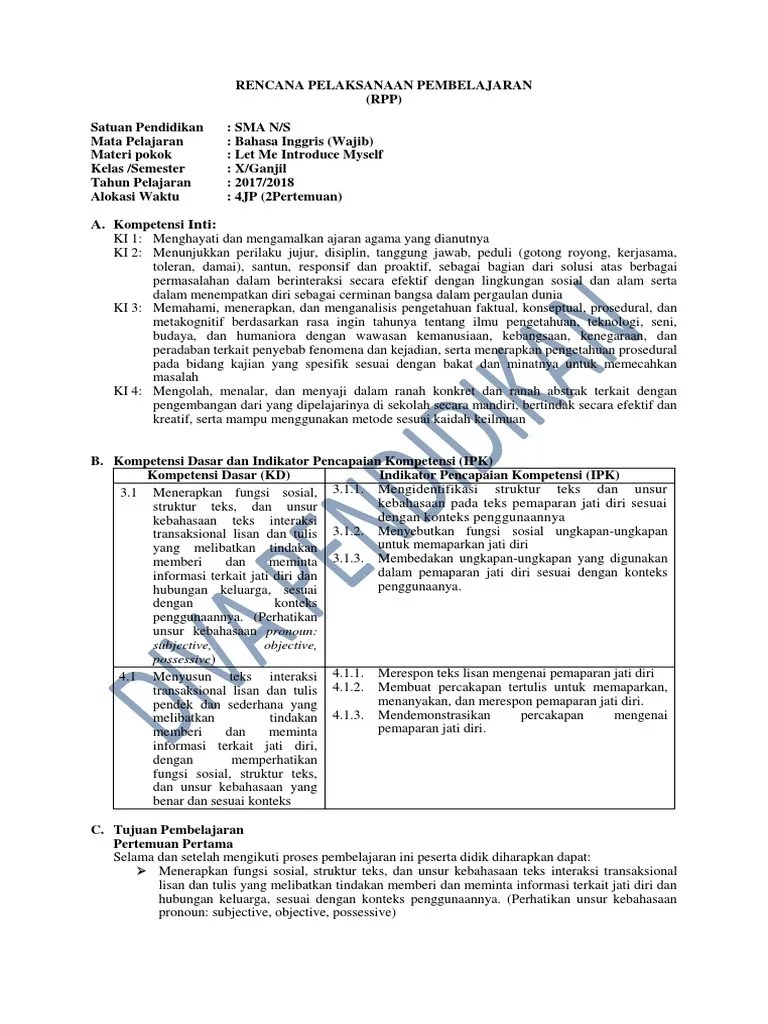 RPP Revisi 2017 Bahasa Inggris Wajib Kelas 10 SMA