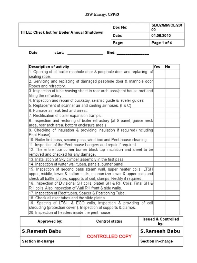 Boiler Annual Check List PDF Hvac Building