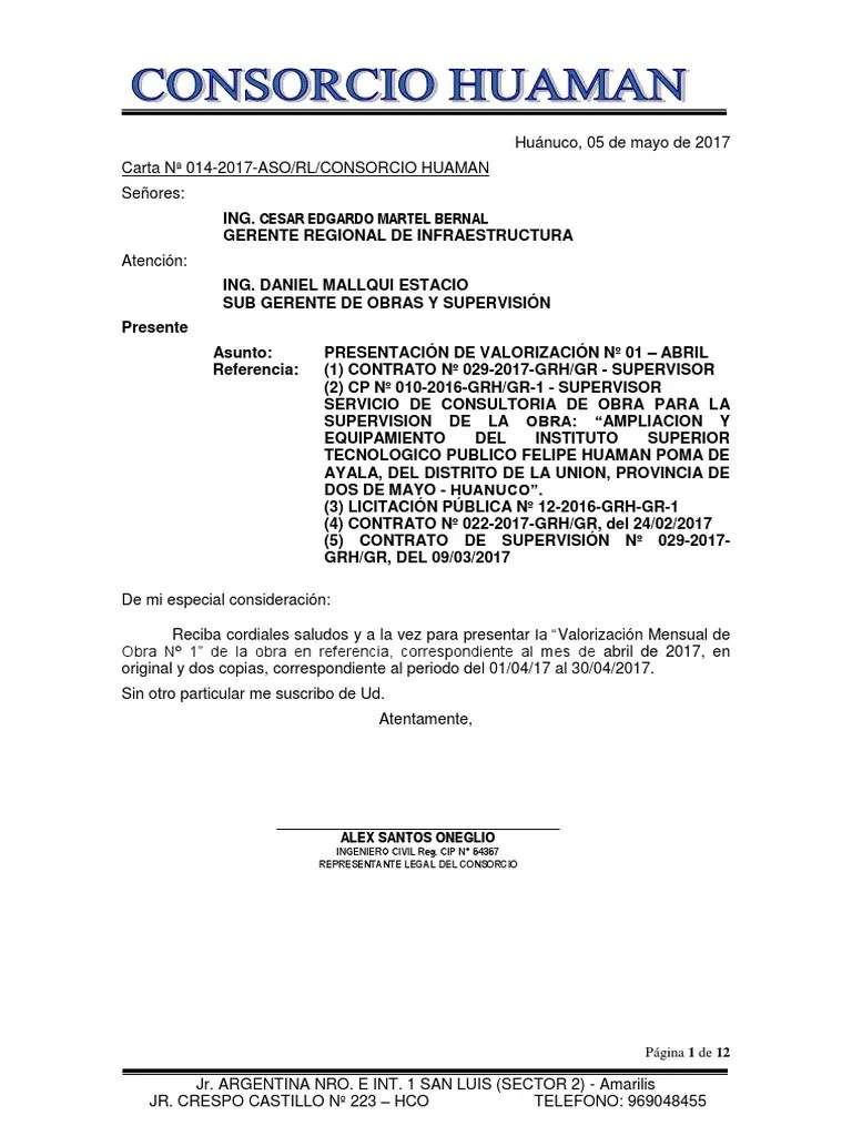CARTA N° 14 DE SUPERVISION INFORME VALOR 01 Hormigón