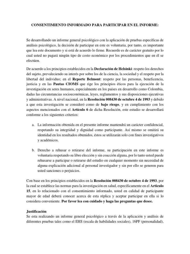 Modelo De Consentimiento Informado Para Investigacion En