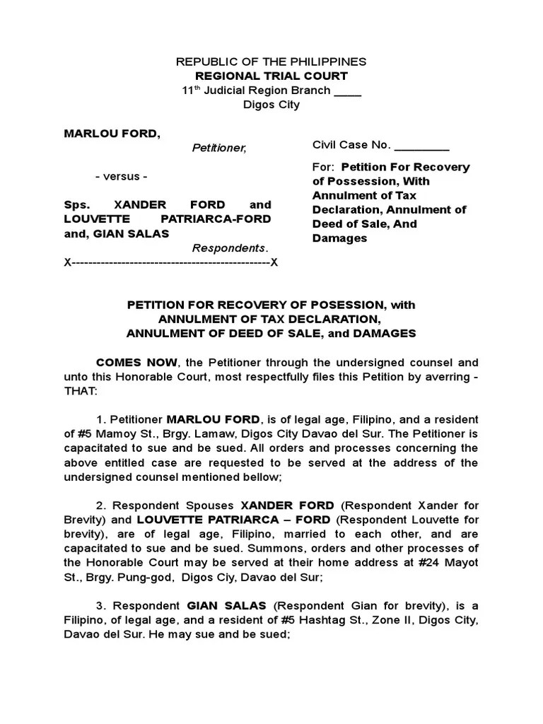 Petion for Recovery of Possession sample Lawsuit Notary Public