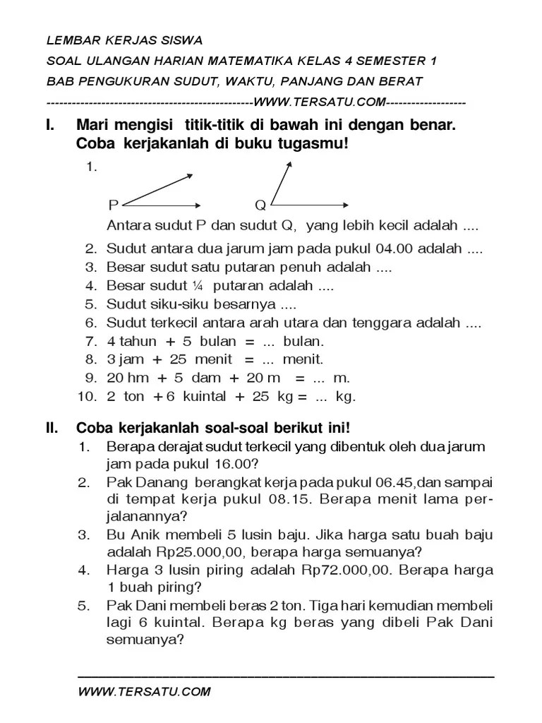 soalkunci.my.id Soal Matematika Kelas 4 Tentang Pengukuran Sudut Pdf