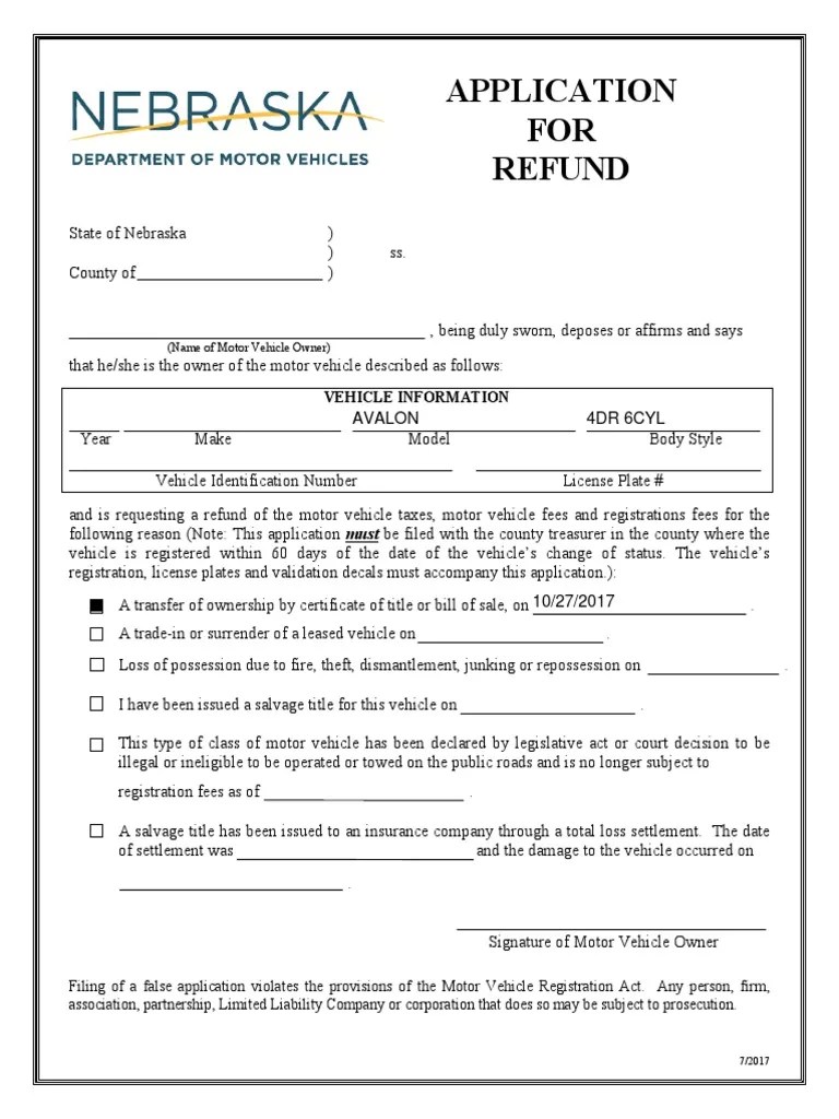 Application FOR Refund Avalon 4Dr 6cyl PDF Vehicle Registration