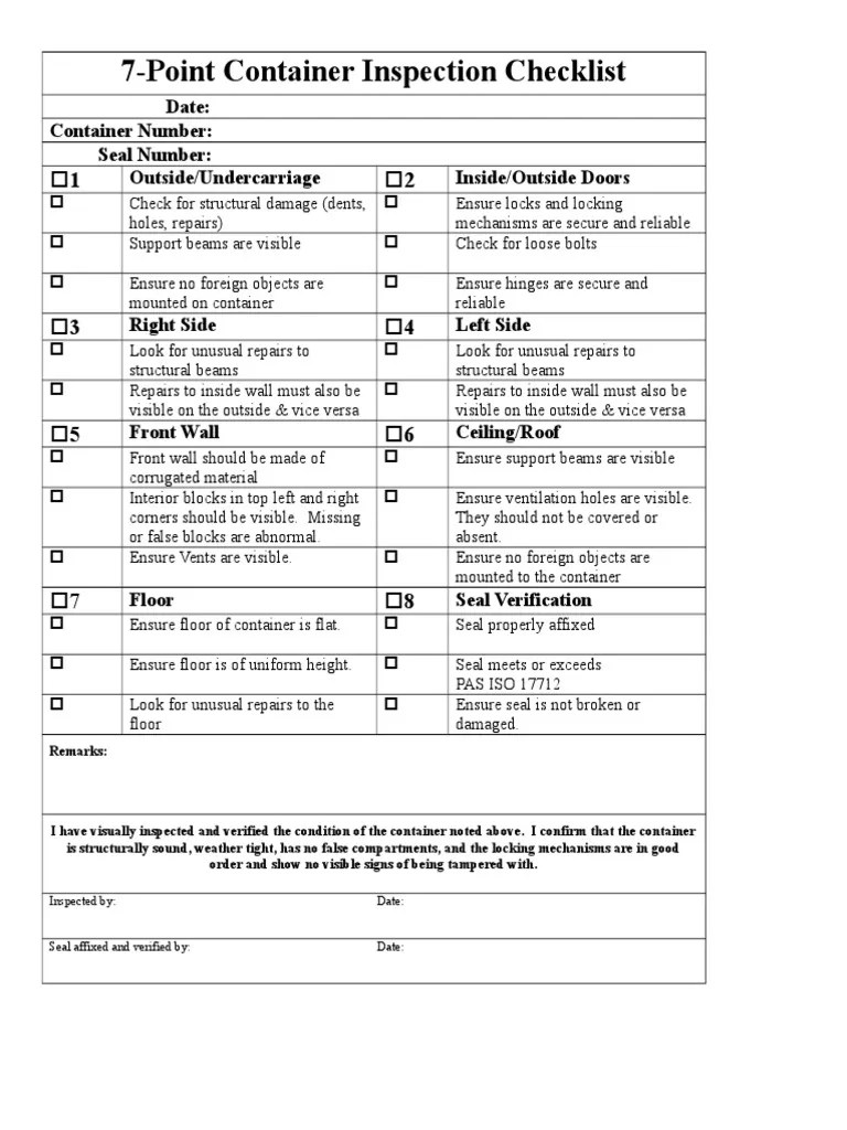 CTPAT 7Point Container Seal Inspection Checklist Door Wall