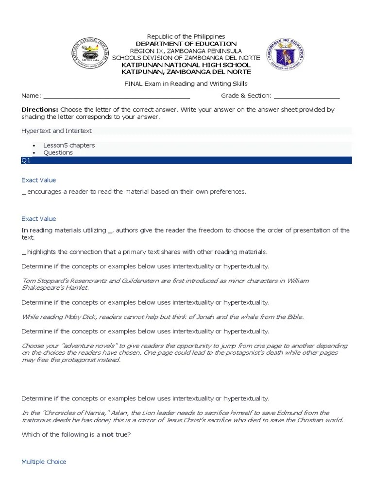 Final Exam in Reading and Writing Skills on Hypertext, Intertext, and