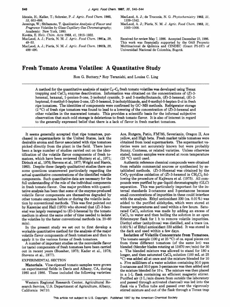 Fresh Tomato Aroma Volatiles A Quantitative Study PDF PDF Tomato Odor