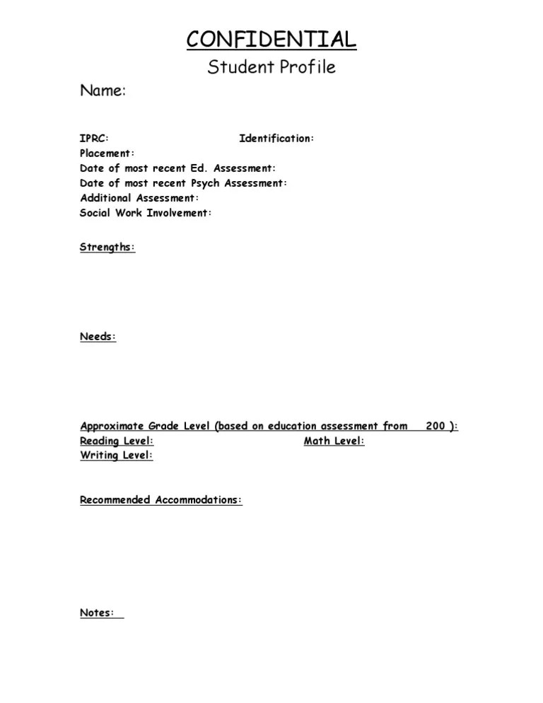 Student Profile Template to Write On Pedagogy Cognition Prueba