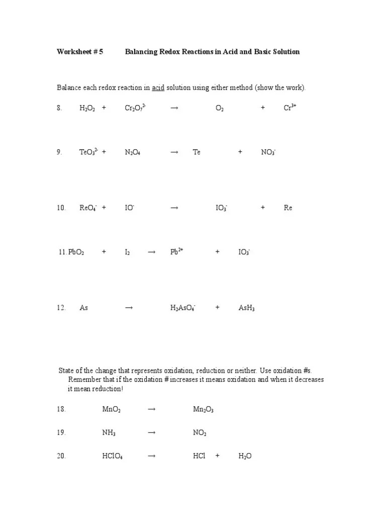 oxidation reduction worksheet