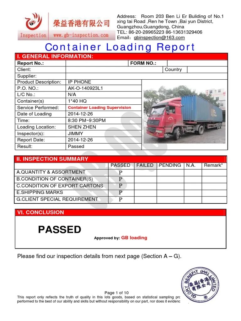 Container Loading Report Cargo Transport