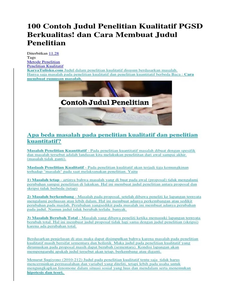 SIKRIPSI 100 Contoh Judul Penelitian Kualitatif PGSD Berkualitas | PDF