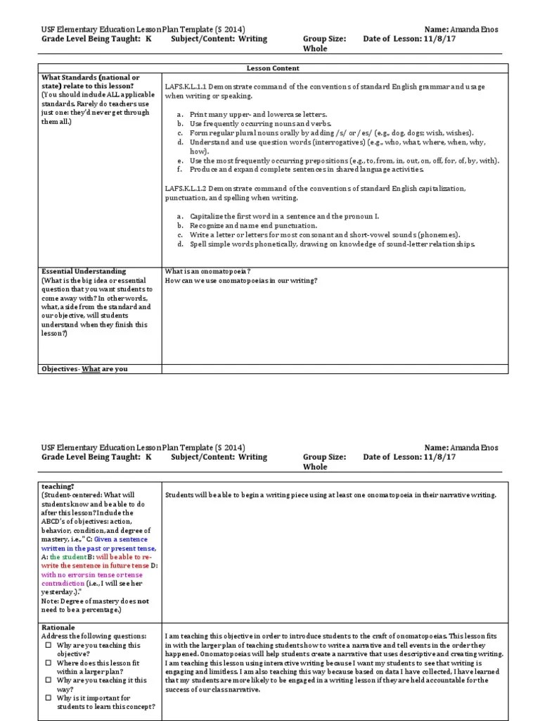 USF Elementary Education Lesson Plan Template (S 2014) PDF Lesson Plan English Language