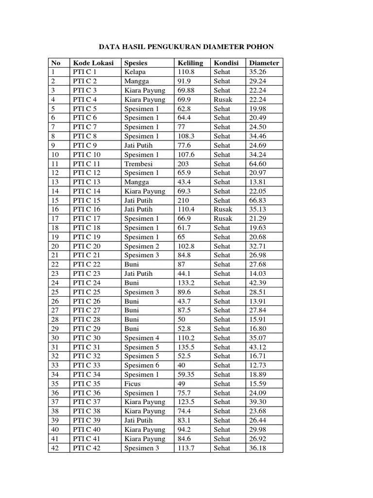 Data Hasil Pengukuran Diameter Pohon | PDF