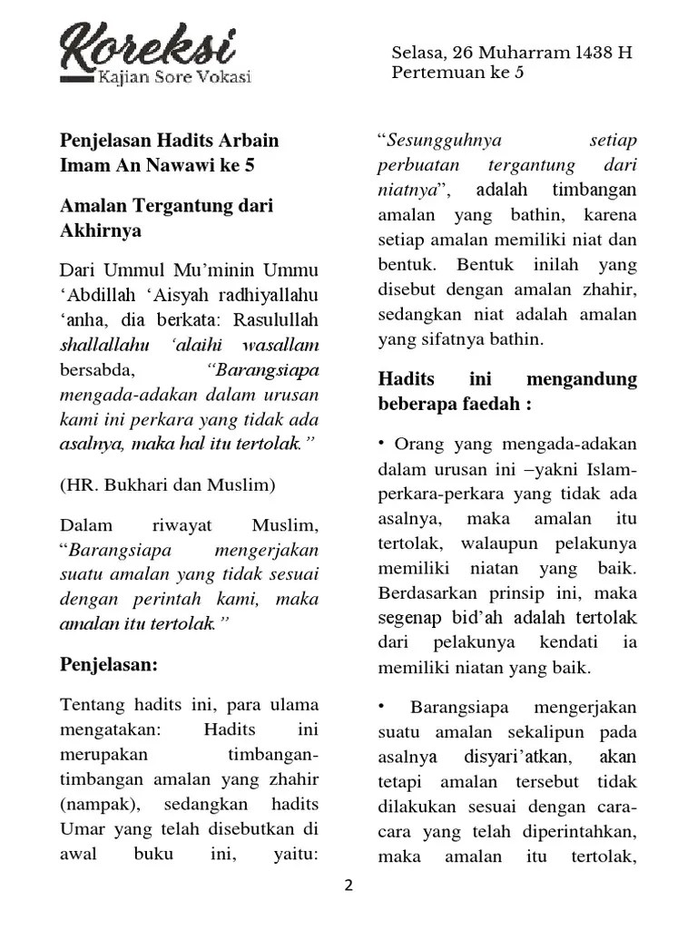 Penjelasan Hadits Arbain Imam An Nawawi Ke 5, Bid&rsquo;Ah | PDF