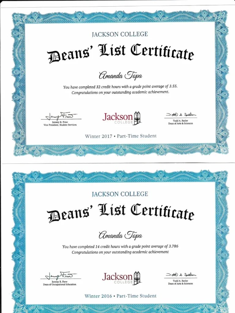 deans list certificates