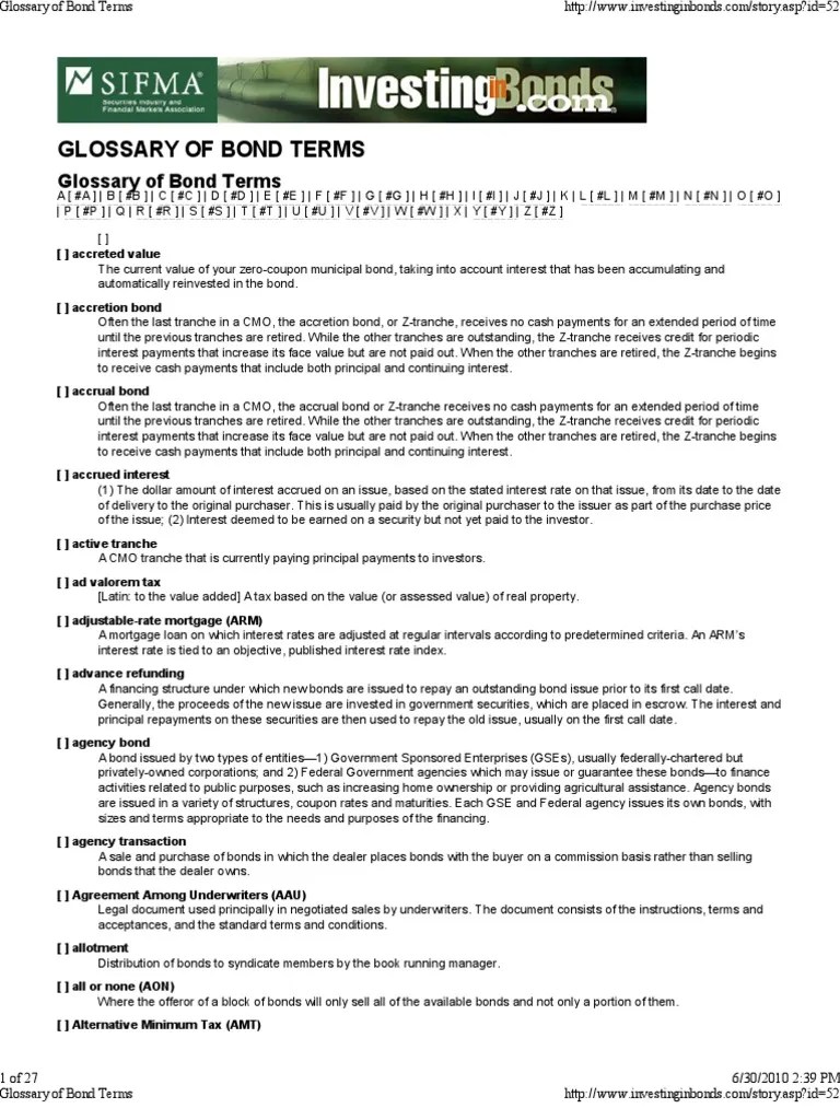 Glossary of Bond Terms PDF Bonds (Finance) Asset Backed Security