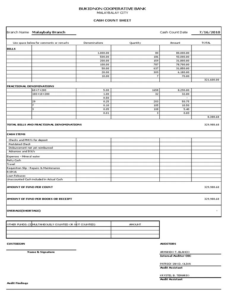Cash Count Sheet Service Industries Banking
