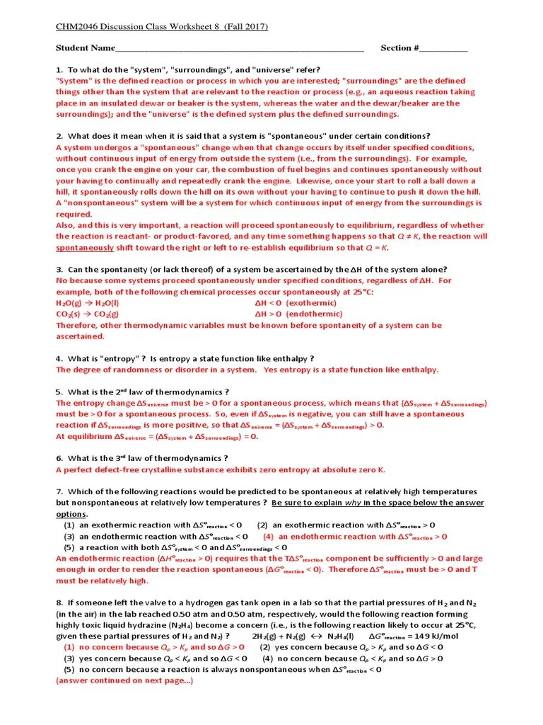 Worksheet 8 (Thermodynamics) With Answers Chemical Reactions Entropy