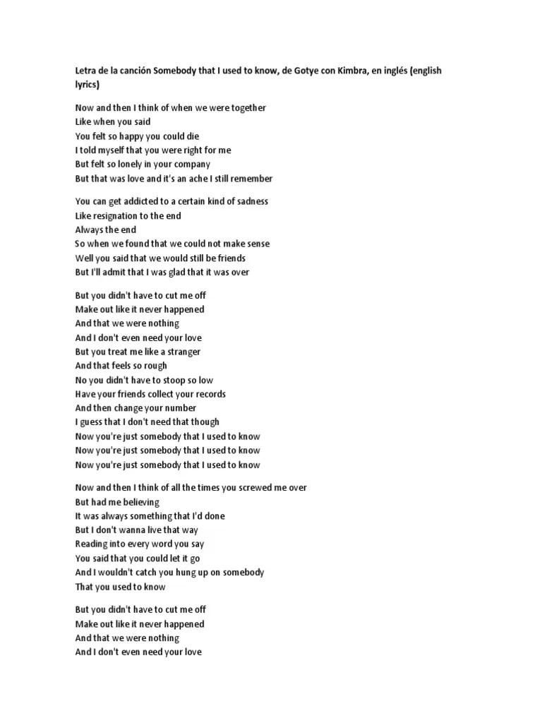 Letra de La Canción Somebody That I Used to Know Leisure