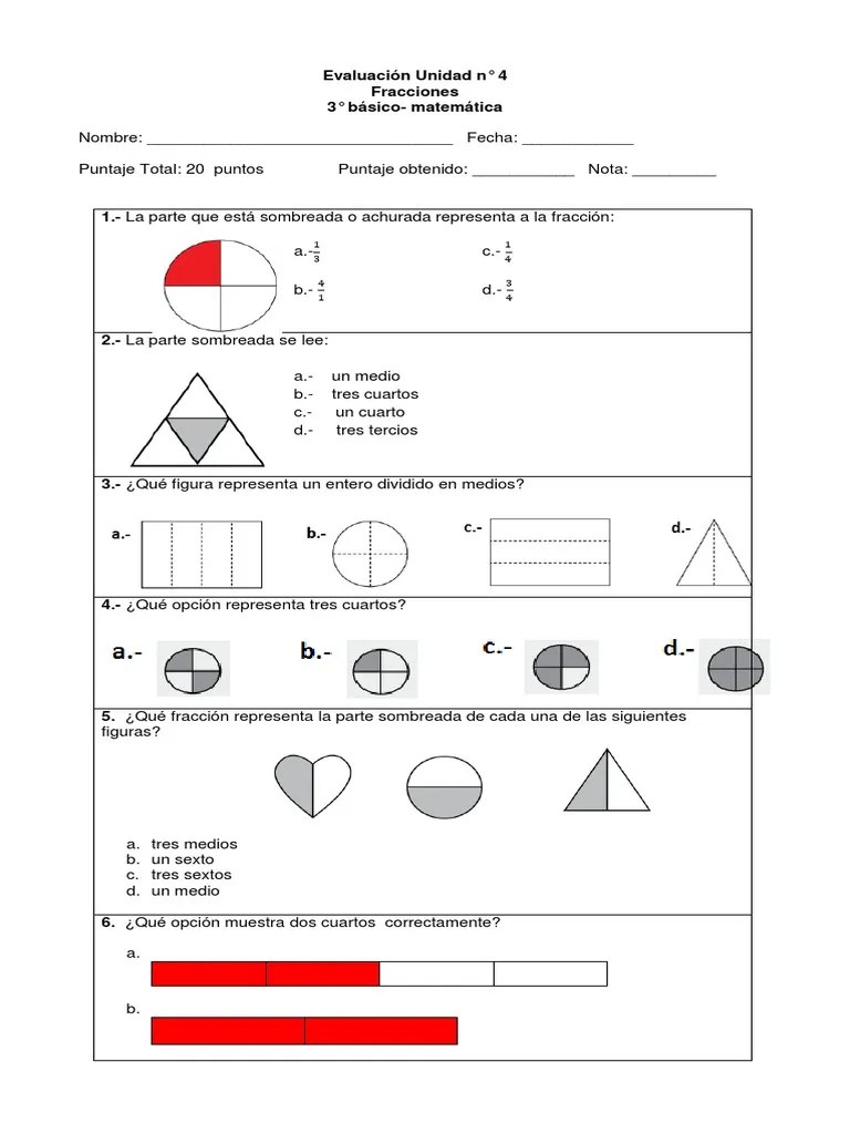 Prueba Fracciones Tercero Fracción (Matemáticas) Deportes